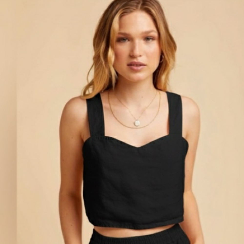 MATE THE LABEL Black Linen Sleeveless Cropped Tank Top Size Small